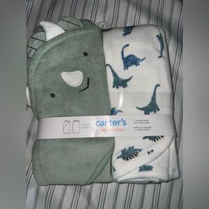 Carter's Green Hooded Towel and Dinosaur Print Blanket